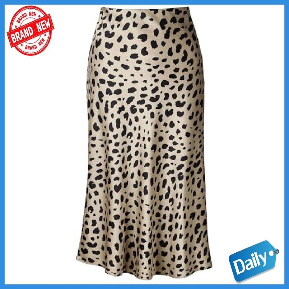 Silk Satin Midi Skirt High Waist Elastic Leopard Print Women's - Picture 2 of 7